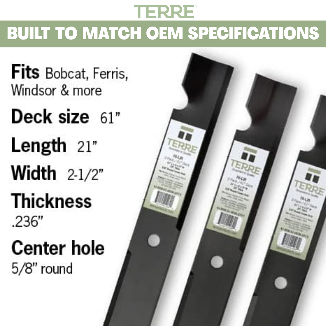 Terre Products, 3 Pack High Lift Lawn Mower Blades, 61 Inch Deck, Replacement for Ferris 1520842, 1520842S, 5020842, 5101755S, Bobcat 112111-03, Scag 48111, 481708, 481712, Husqvarna 539101733