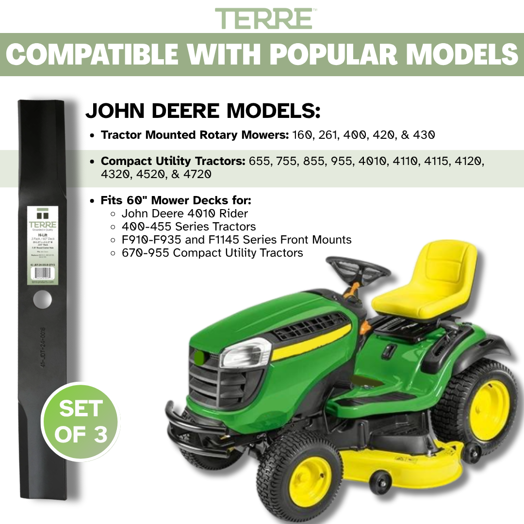 60" High Lift Lawn Mower Blades 3-Pack – Fits John Deere 400, 420, 655, 755 & 4010 – Replaces AM100538