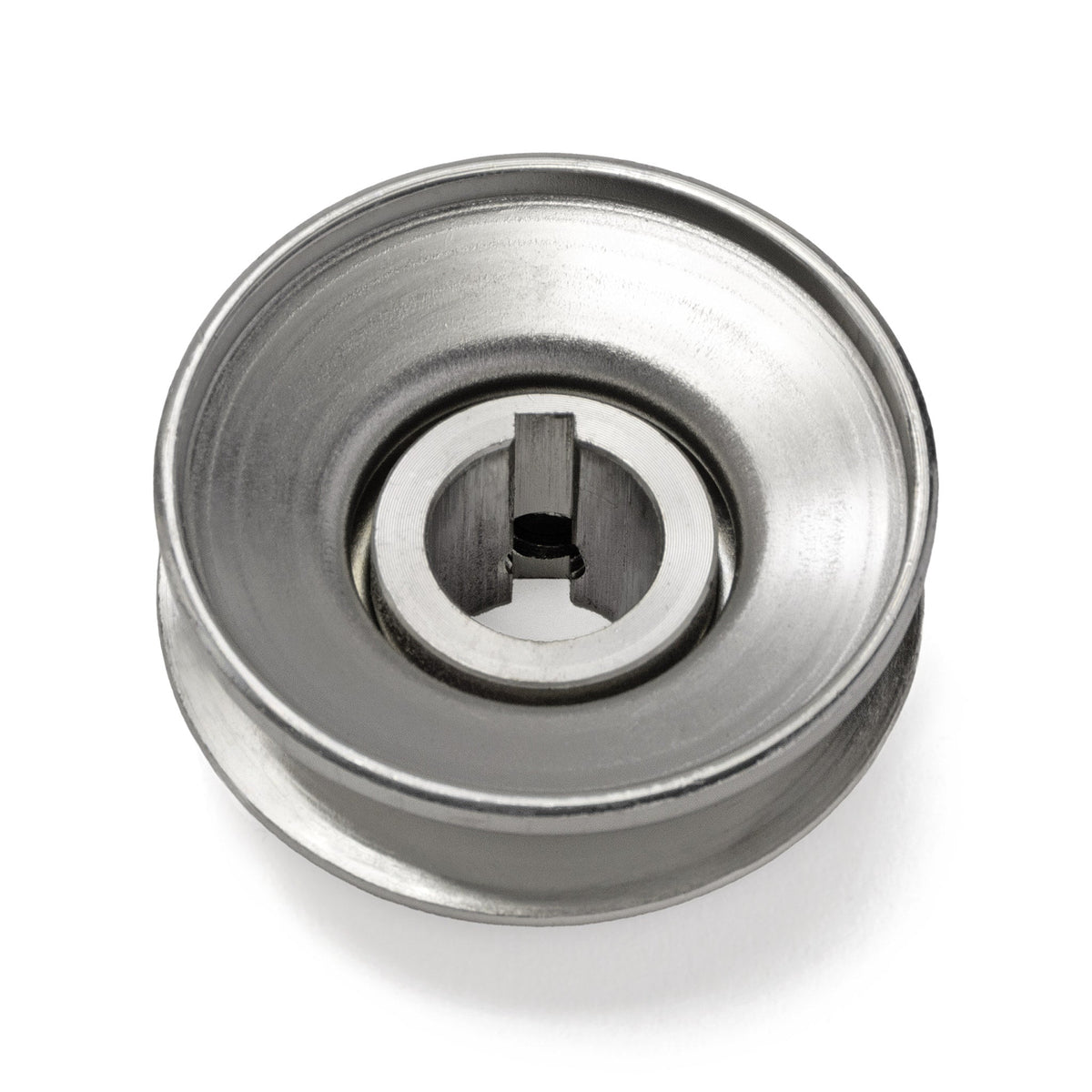 Terre 125034 V-groove drive pulley, bottom angle showing bore and keyway