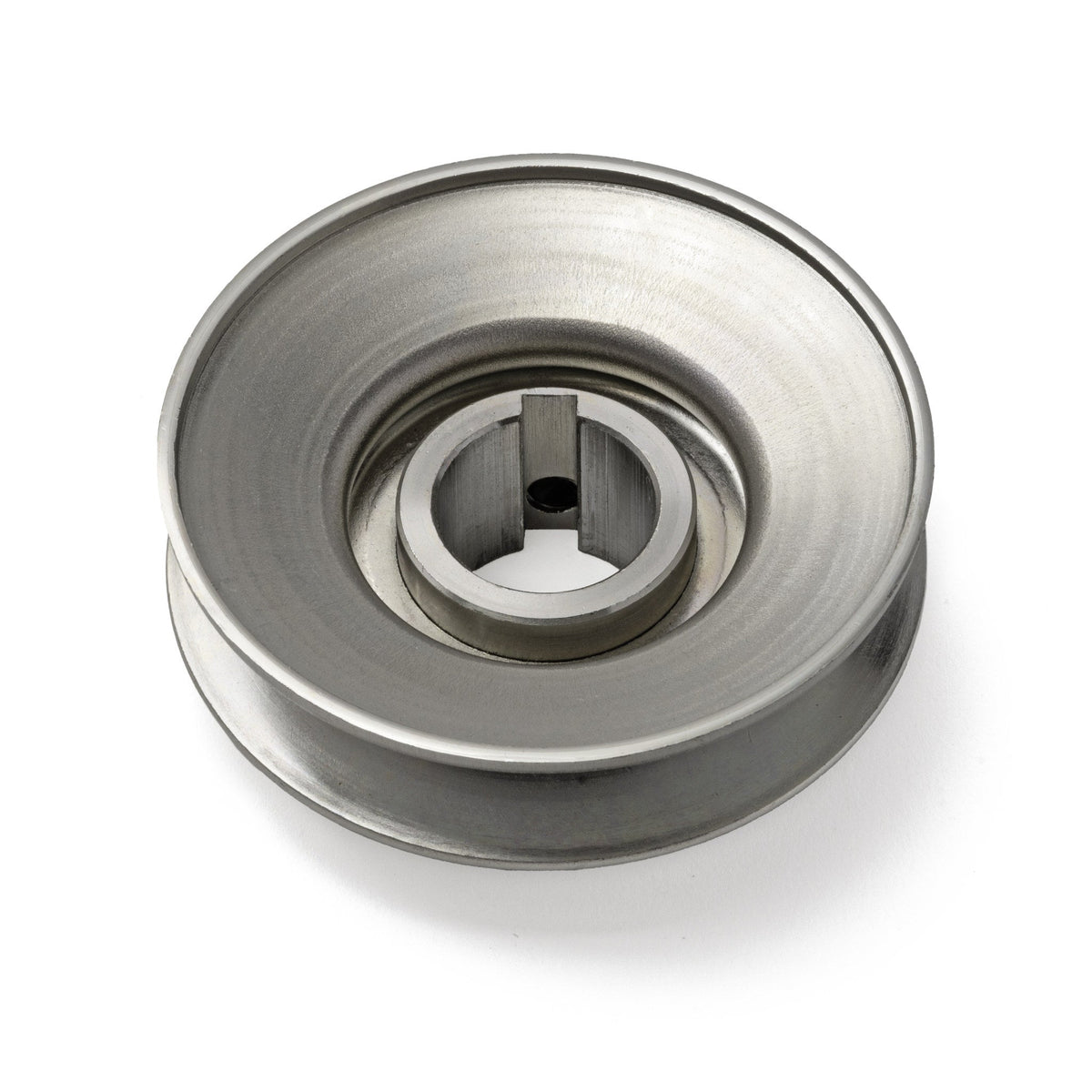 Terre 235010 V-groove drive pulley, bottom angle showing bore and keyway
