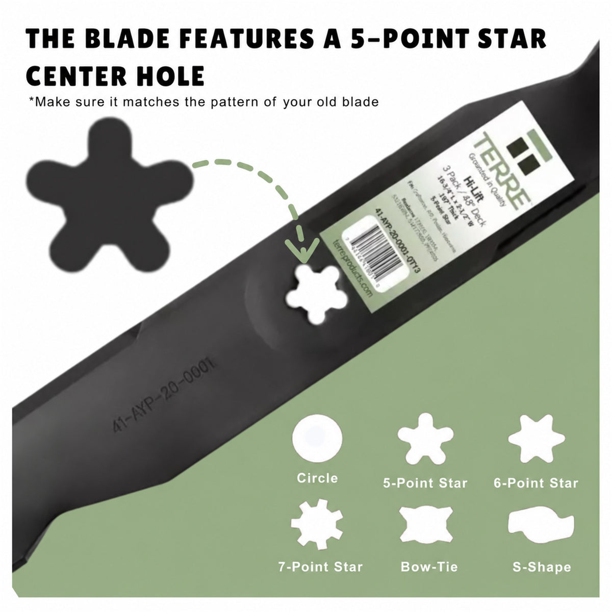 TERRE 48-inch mulching mower blades 3-pack - 5-point-star center-hole fitment guide