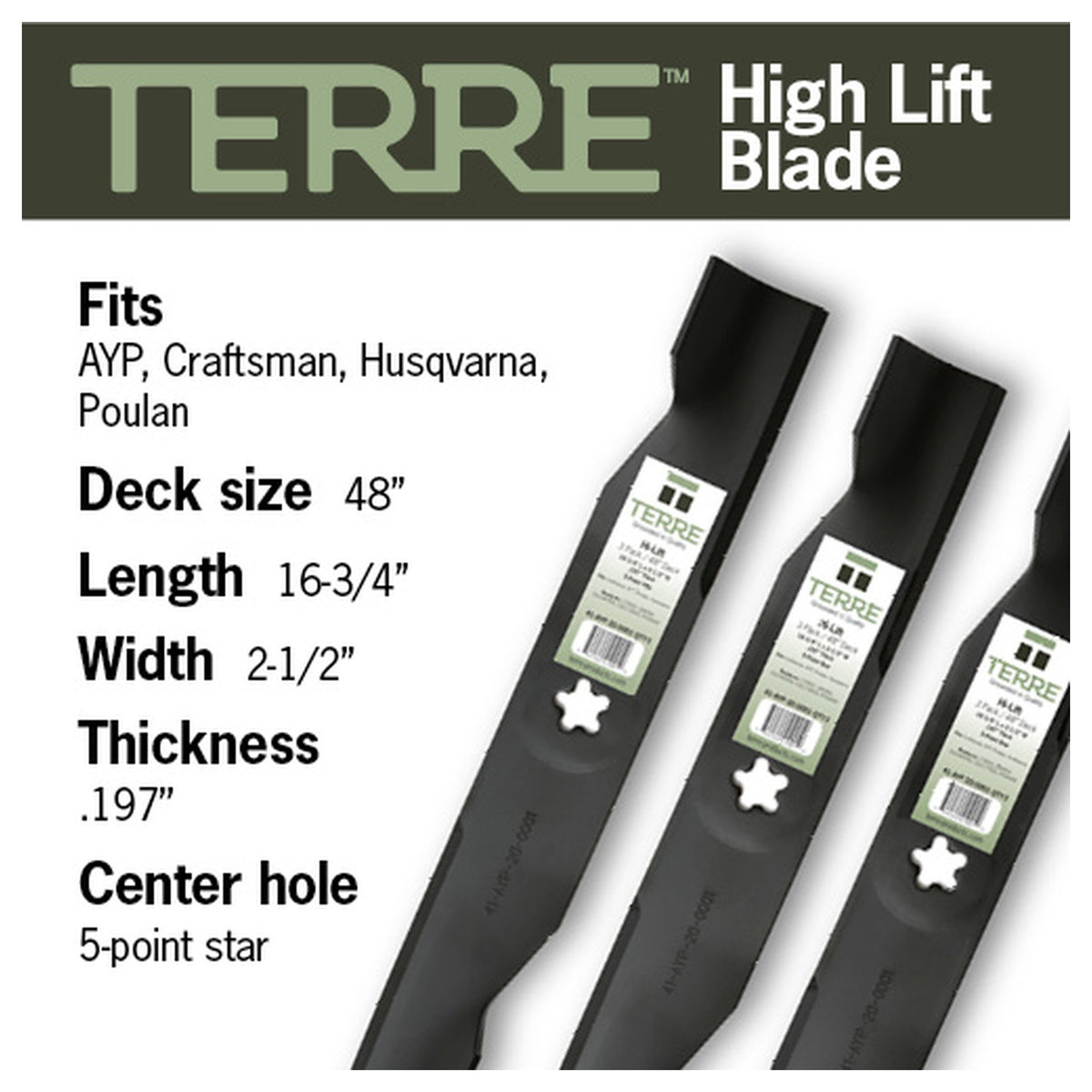 TERRE 48-inch mulching mower blades 3-pack - compatibility and specification summary