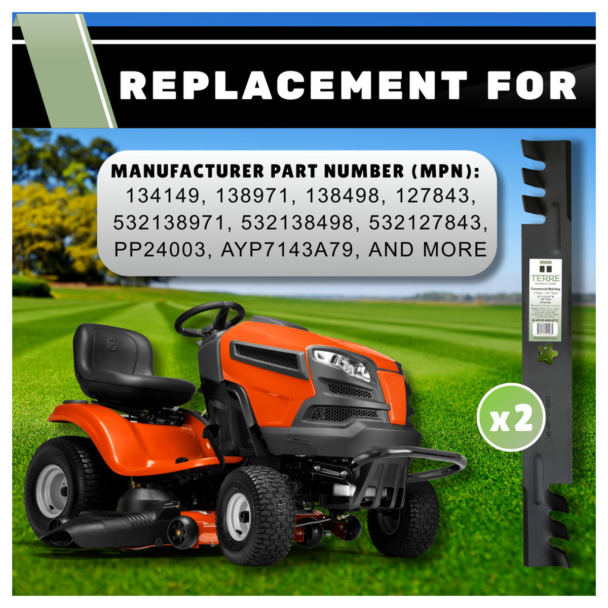 TERRE 42-inch mulching mower blades 2-pack - OEM replacement numbers
