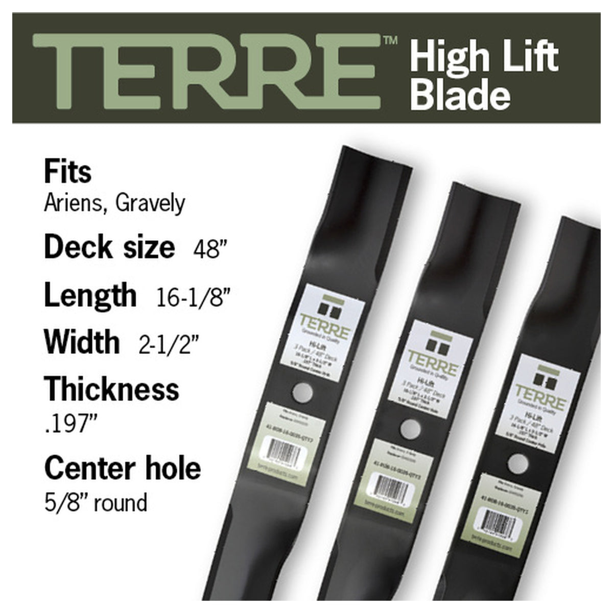 TERRE 48-inch high-lift mower blades 3-pack - compatible mower models