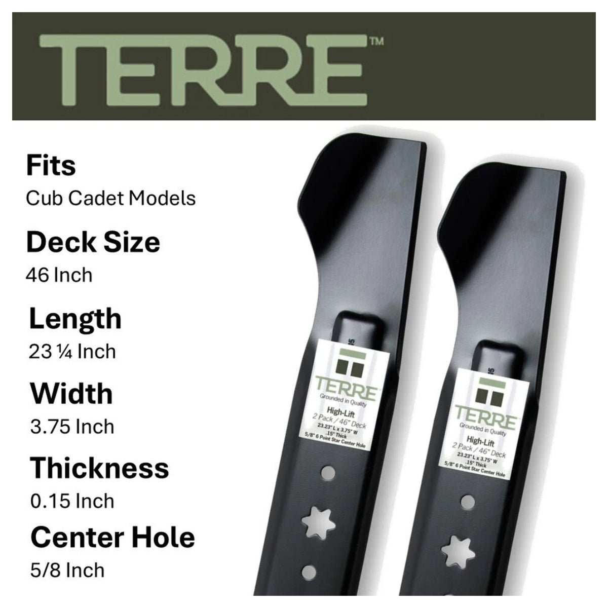 TERRE 46-inch high-lift mower blades 2-pack - product specifications