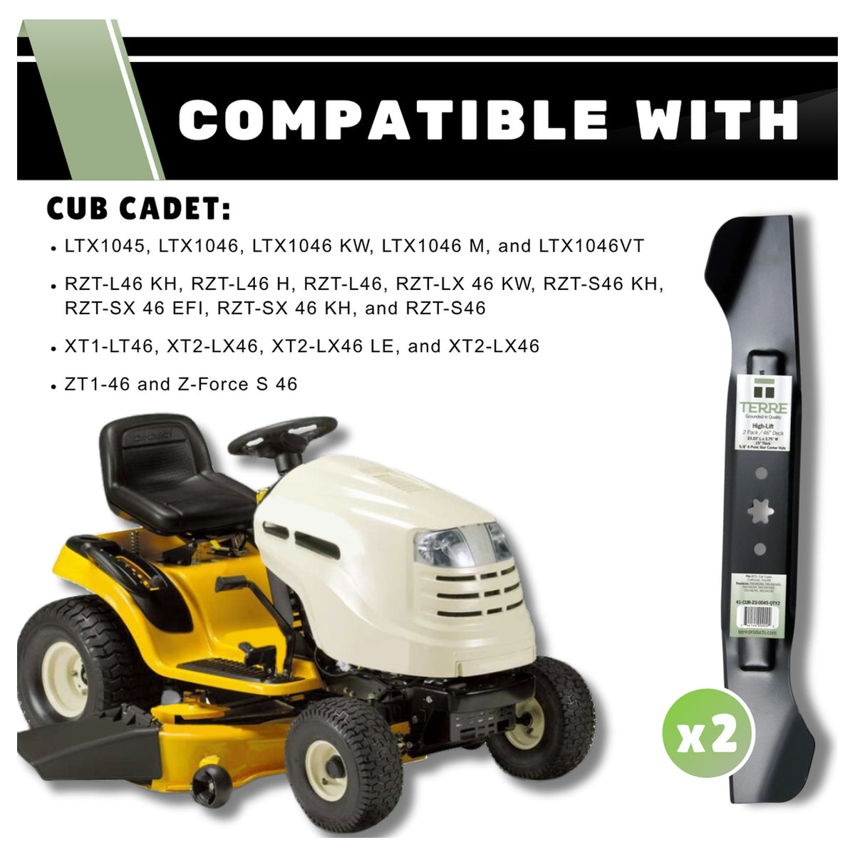 TERRE 46-inch high-lift mower blades 2-pack - compatible mower models