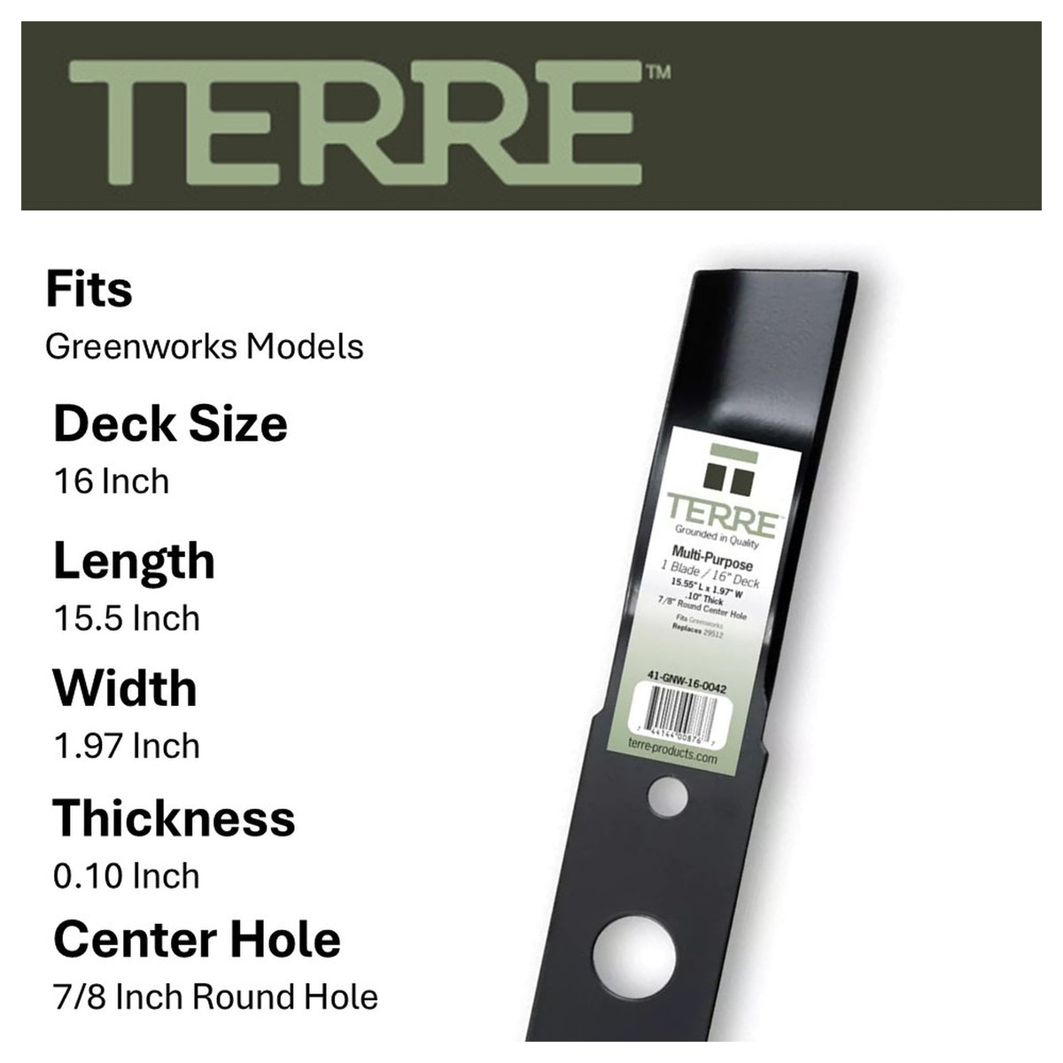 TERRE 16-inch standard mower blade - compatible mower models