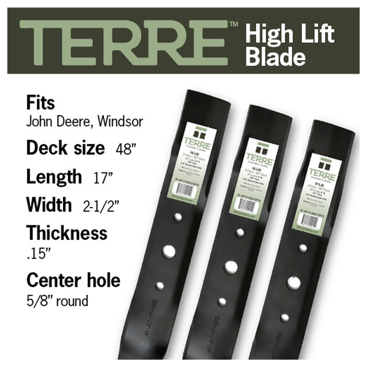TERRE 48-inch high-lift mower blades 3-pack - compatible mower models