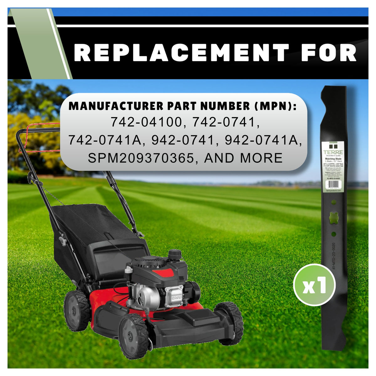 TERRE 41-MTD-23-0020 replaces mower blade numbers 742-0741 and 942-0741