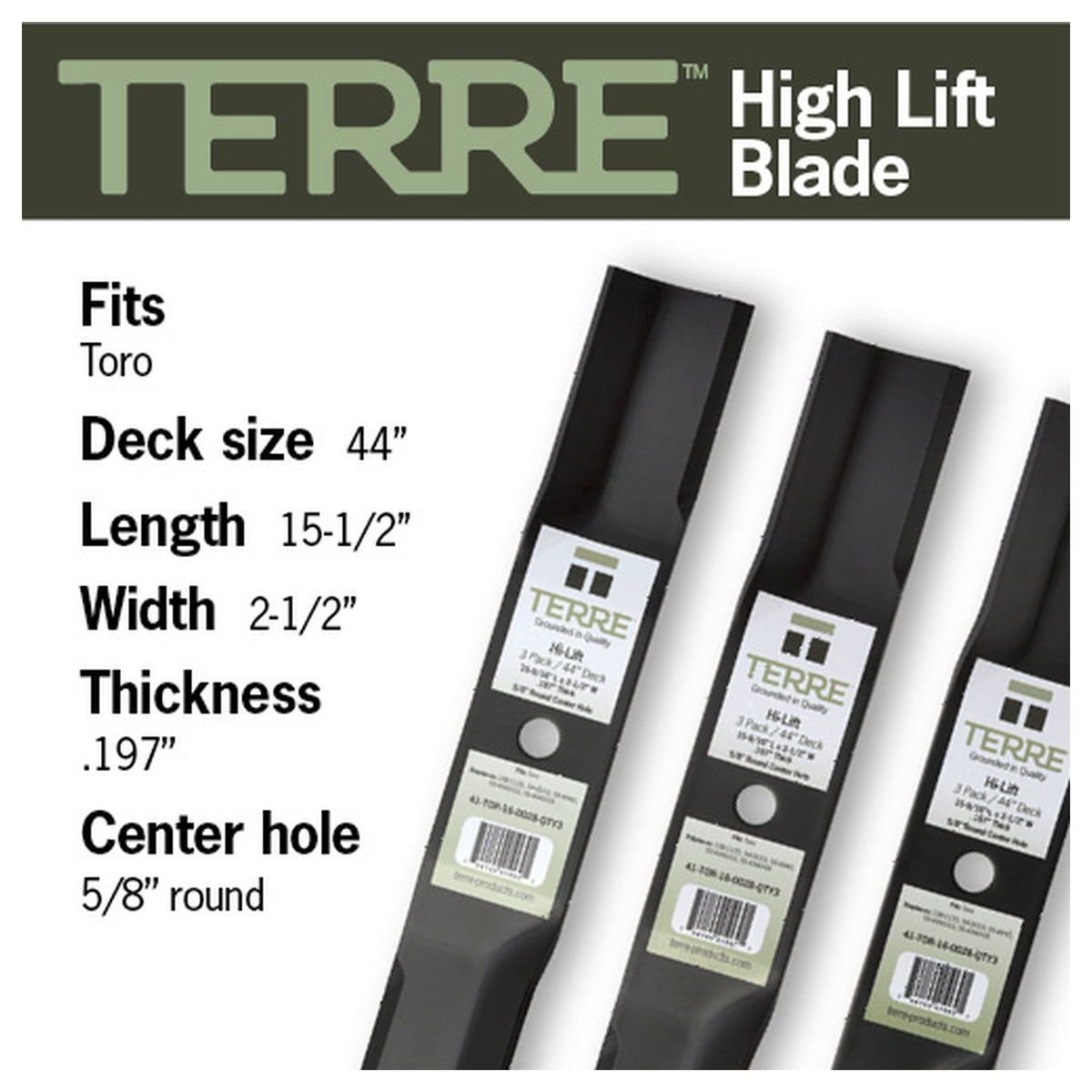 TERRE 44-inch high-lift mower blades 3-pack - compatible mower models