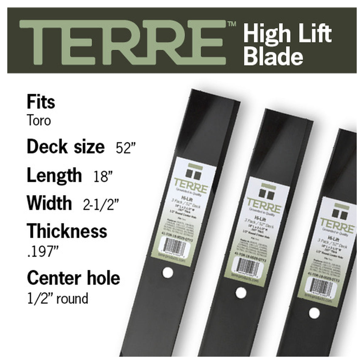 TERRE 52-inch low-lift mower blades 3-pack - compatible mower models