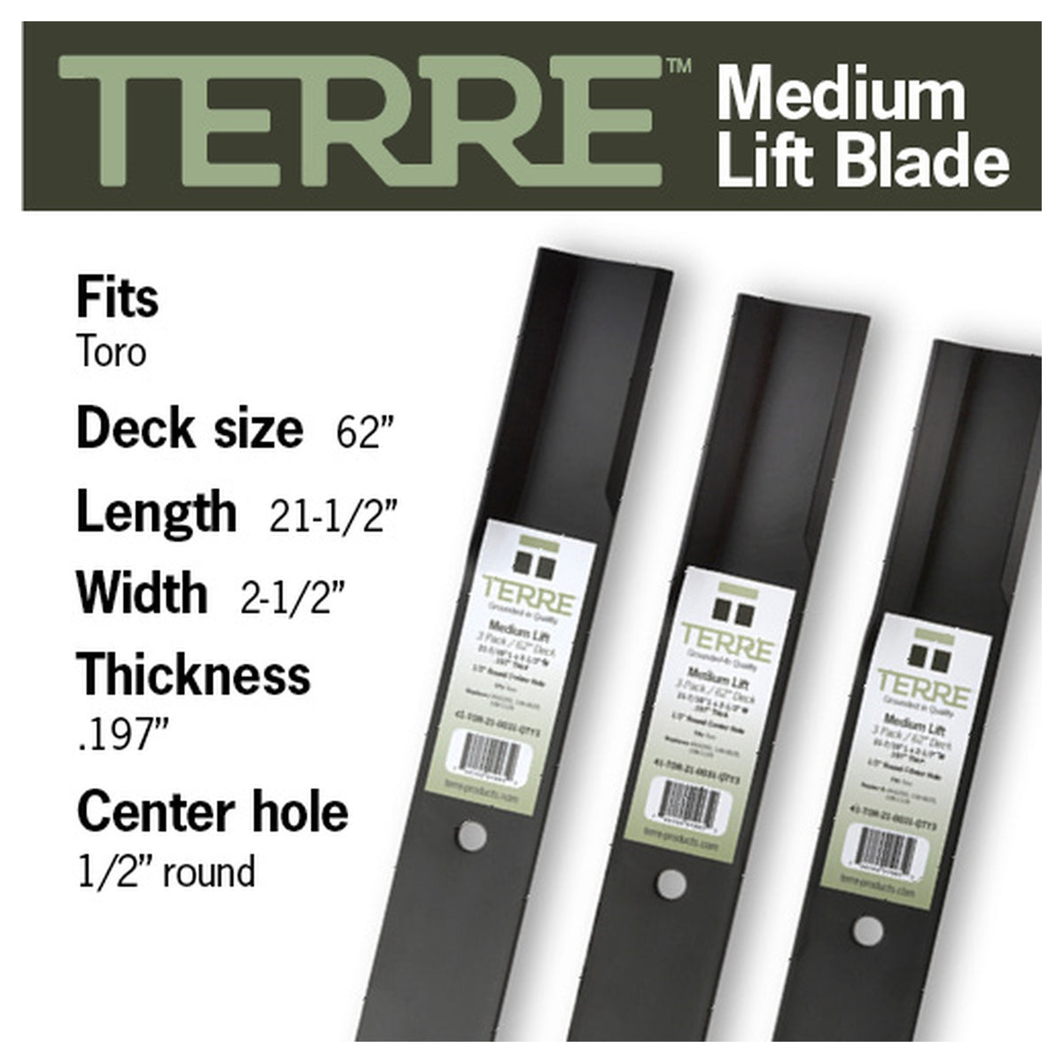 TERRE 62-inch medium-lift mower blades 3-pack - compatible mower models