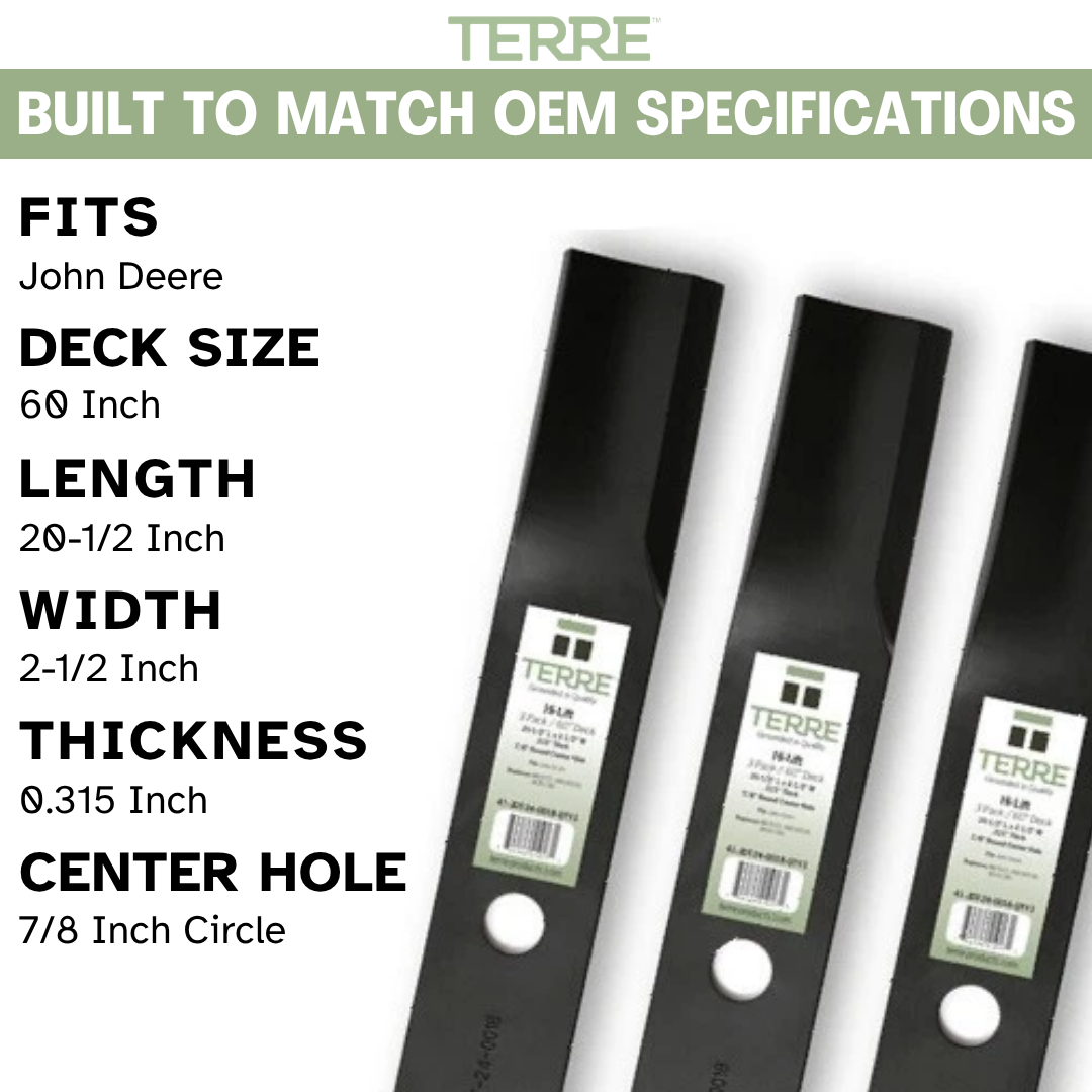60" High Lift Lawn Mower Blades 3-Pack – Fits John Deere 400, 420, 655, 755 & 4010 – Replaces AM100538