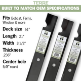 Terre Products, 3 Pack High Lift Lawn Mower Blades, 61 Inch Deck, Replacement for Ferris 1520842, 1520842S, 5020842, 5101755S, Bobcat 112111-03, Scag 48111, 481708, 481712, Husqvarna 539101733