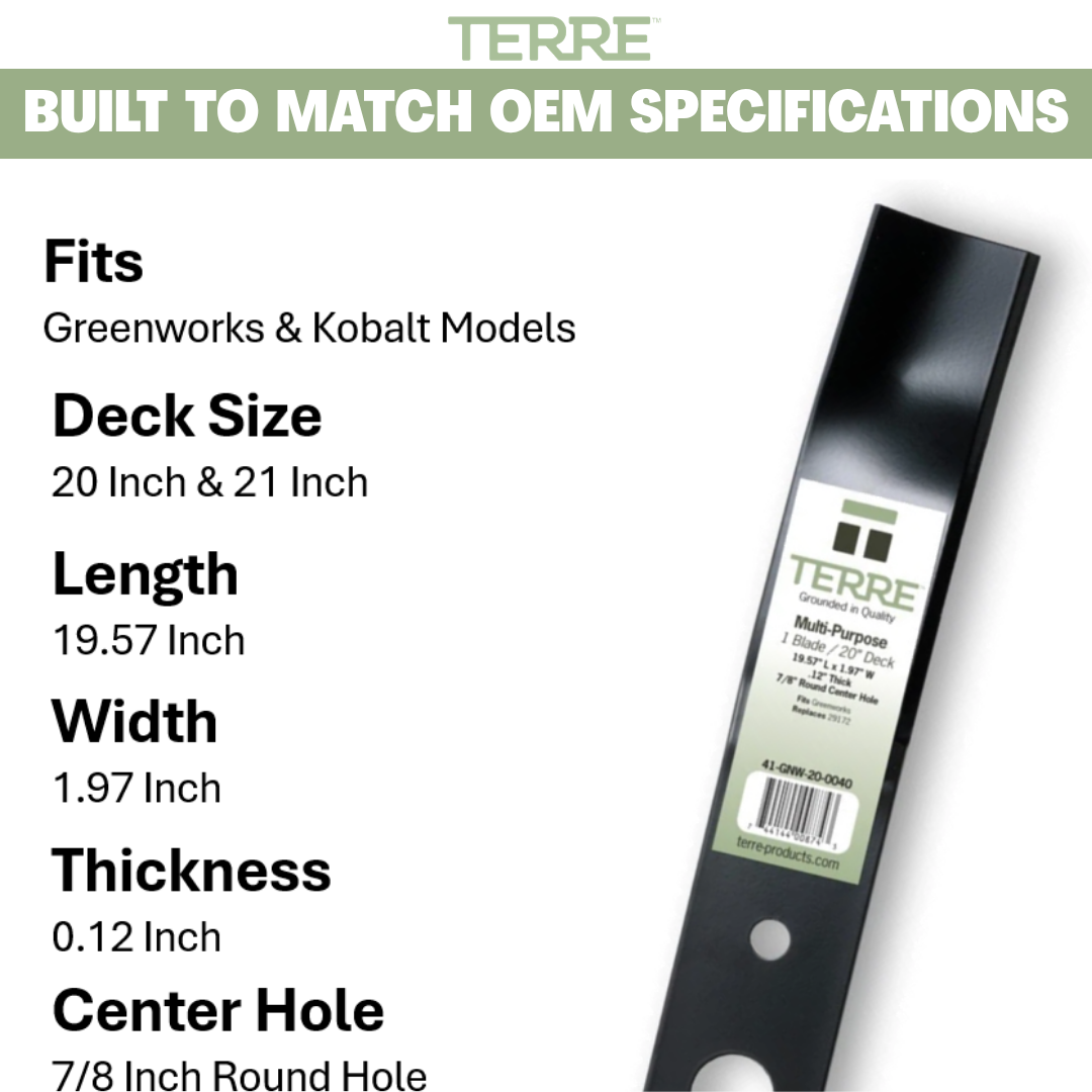 20" Multi-Purpose Lawn Mower Blade – Fits Greenworks 25022 & 25222 – Replaces 29172