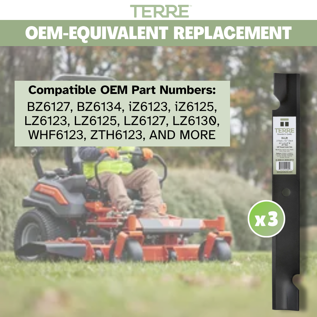 Terre Products, 3 Pack High Lift Lawn Mower Blades, 61 Inch Deck, Replacement for Ferris 1520842, 1520842S, 5020842, 5101755S, Bobcat 112111-03, Scag 48111, 481708, 481712, Husqvarna 539101733
