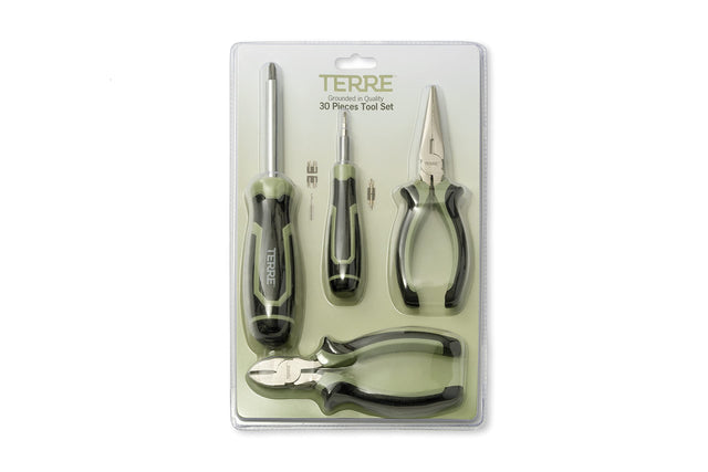 Terre Products, 30 Piece General Purpose Tool Set, Screwdriver, Long Nose Pliers, Diagonal Cutting Pliers, General Household Hand Tool Kit, Starter Set, Home Improvement, Dorm Room, Office, Travel