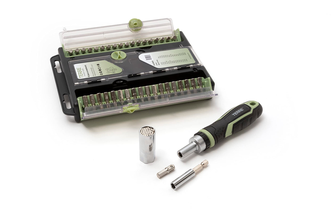 Terre Products, 40 in 1 Mini Tool Set, Multi Bit Ratcheting Screwdriver with Ergonomic Non-Slip Handle, Universal Socket, Magnetic Adapter, 120mm and 150mm Extension Bars, Quick Bit Release Technology
