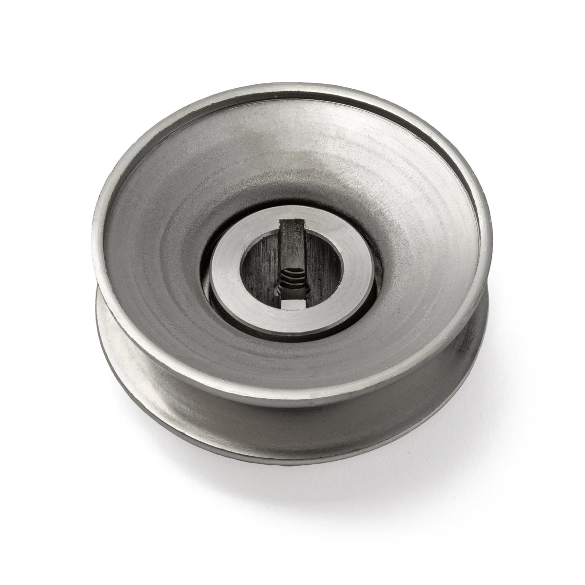 Terre 230034 V-groove drive pulley, bottom angle showing bore and keyway