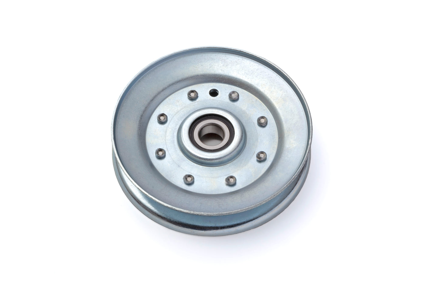 TERRE 35500063 V-Groove Idler Pulley, Bottom View, 5 Inch Outside Diameter, 5/8 Inch Bore, Steel