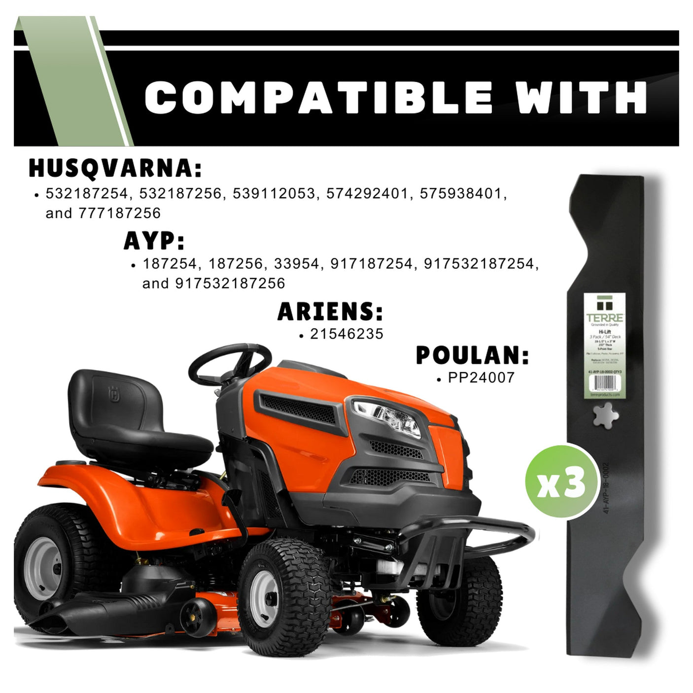 TERRE mower blades compatible with select Craftsman, Husqvarna, and Poulan 54-inch decks