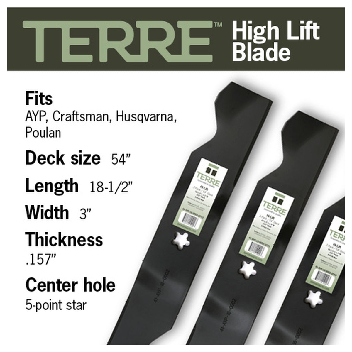 TERRE 54-inch high-lift mower blades 3-pack - compatibility and specification summary