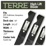 TERRE 54-inch high-lift mower blades 3-pack - compatibility and specification summary