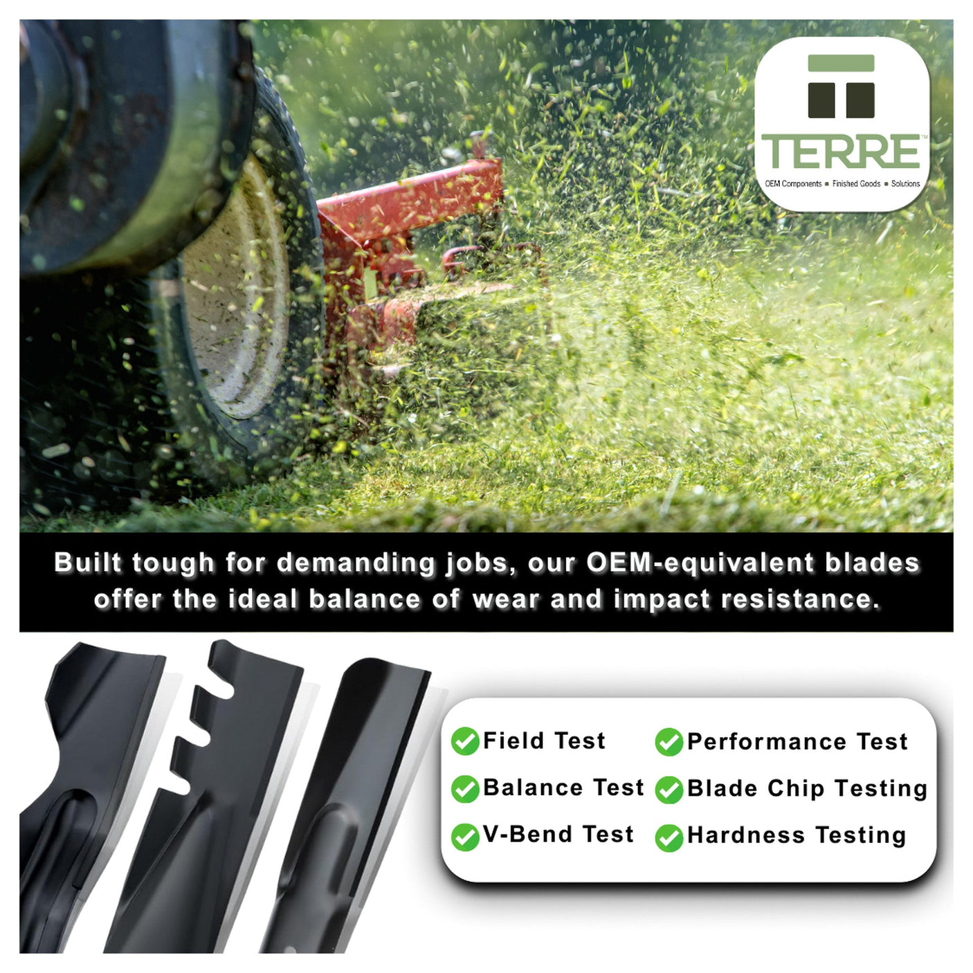 TERRE medium-lift mower blade performance and durability testing