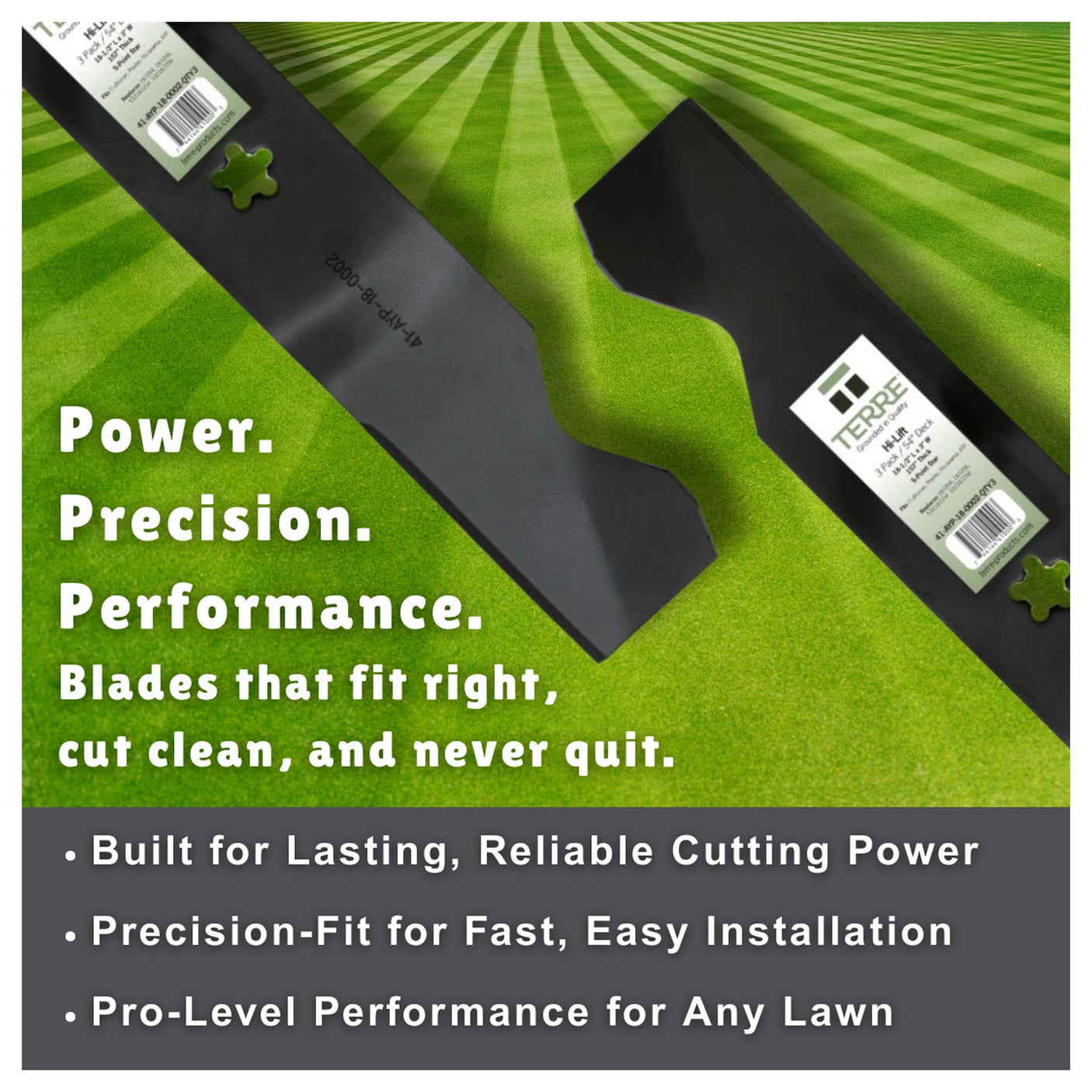 TERRE medium-lift mower blades delivering clean, even lawn cutting performance