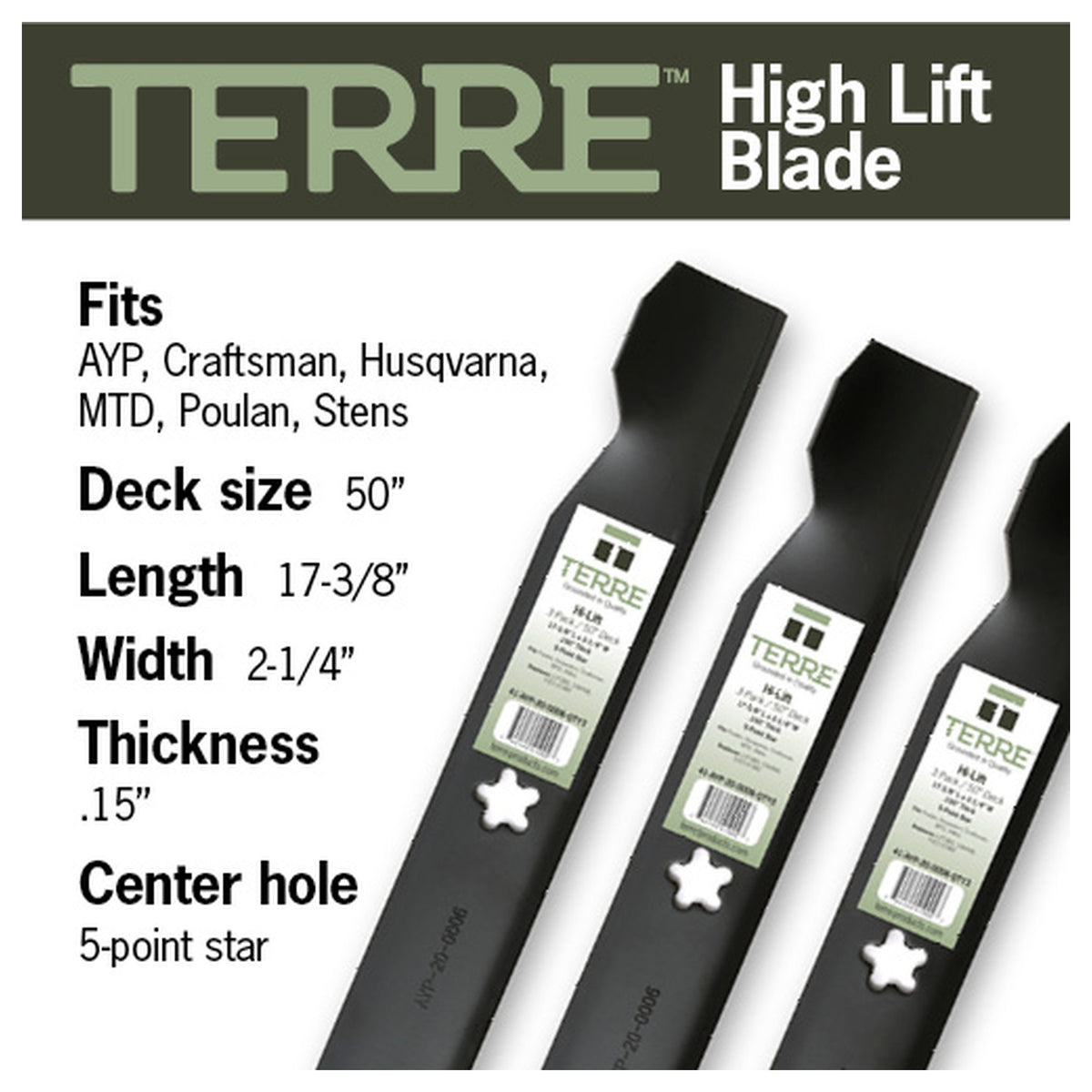 TERRE 50-inch high-lift mower blades 3-pack - compatible mower models