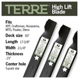 TERRE 50-inch high-lift mower blades 3-pack - compatible mower models