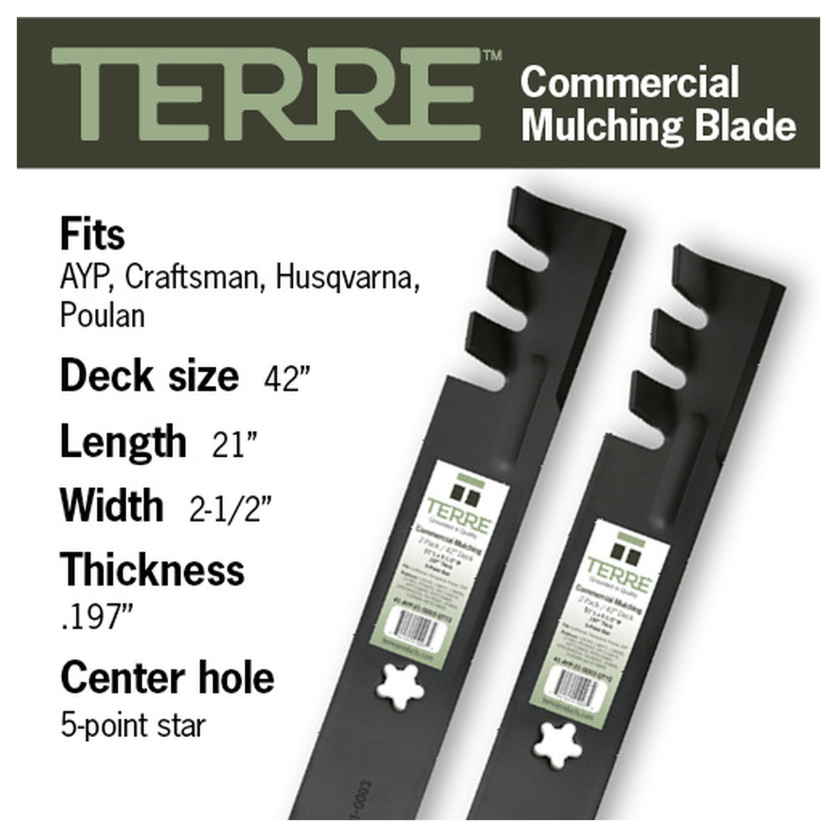 TERRE 42-inch mulching mower blades 2-pack - compatibility and specification summary