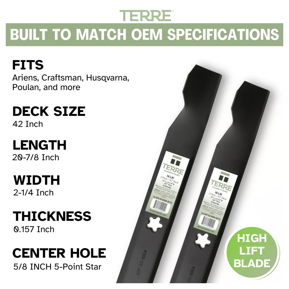 TERRE 42-inch high-lift mower blades 2-pack - product specifications