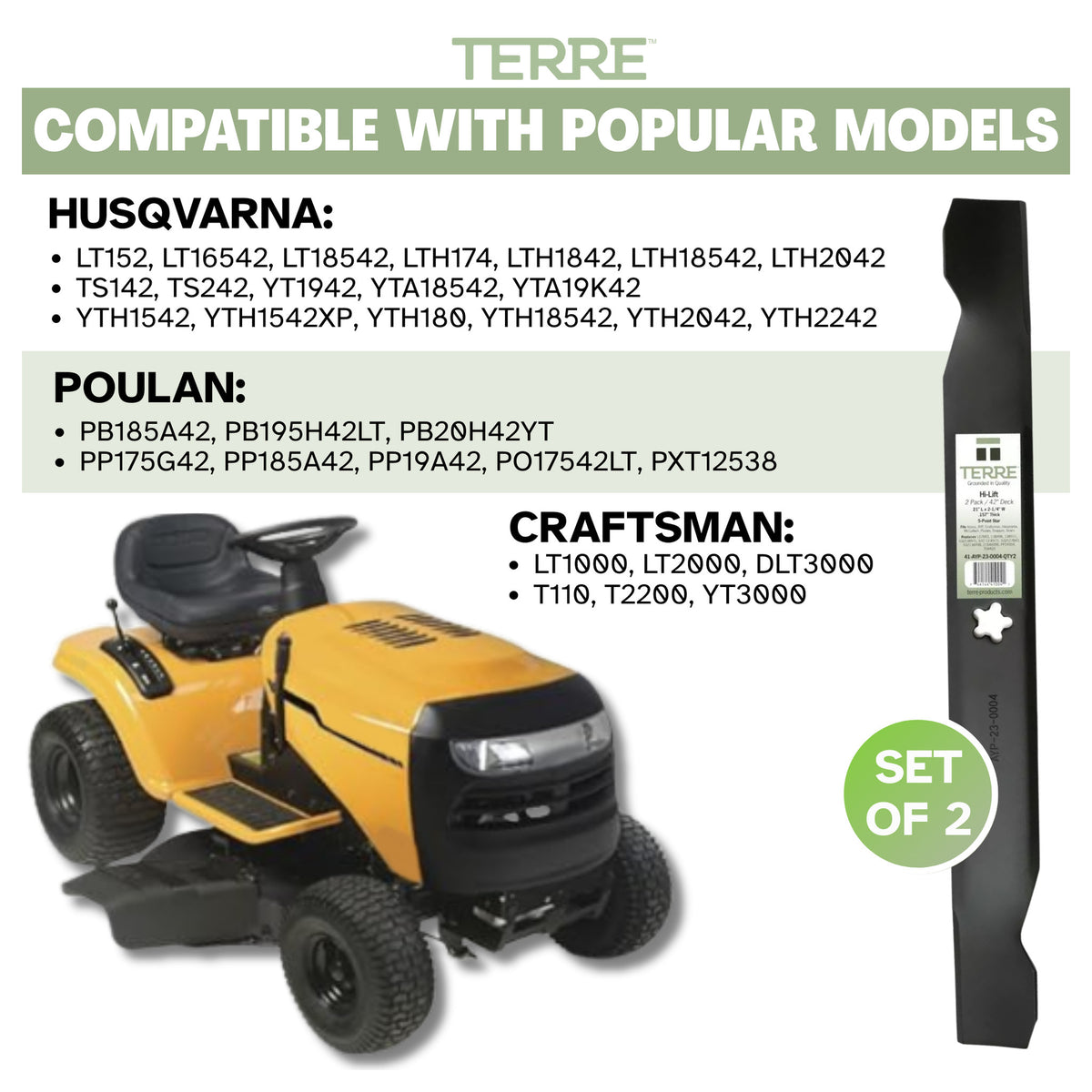 TERRE 42-inch high-lift mower blades 2-pack - compatible mower models