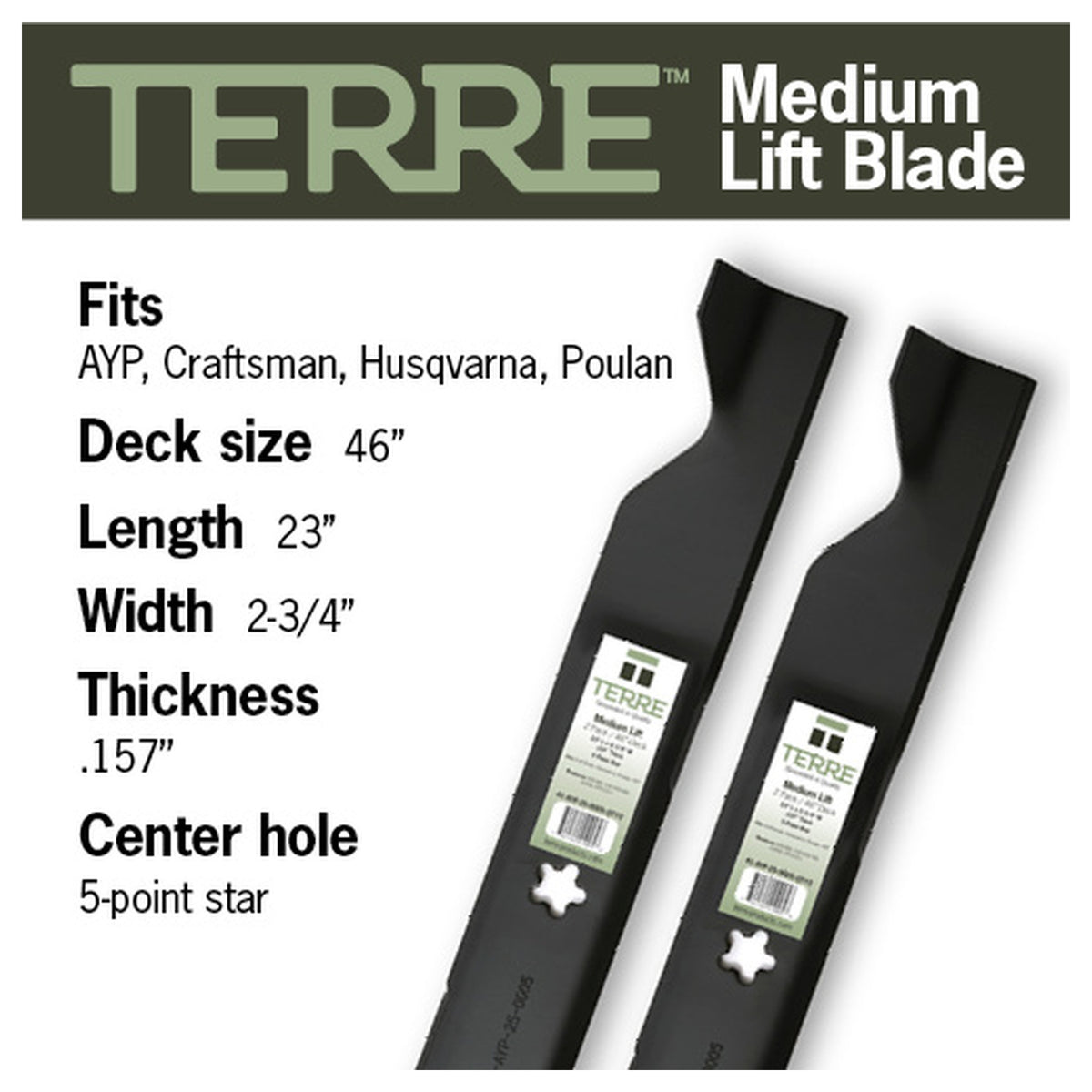 TERRE 46-inch high-lift mower blades 2-pack - compatibility and specification summary