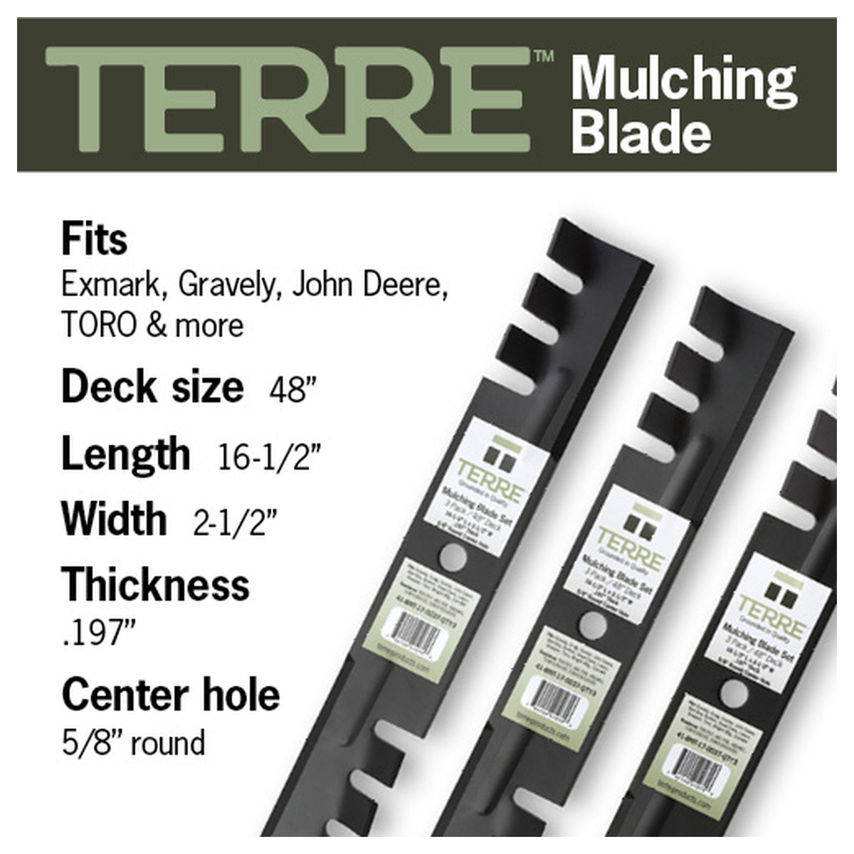 TERRE 48-inch toothed-mulching mower blades 3-pack - compatible mower models
