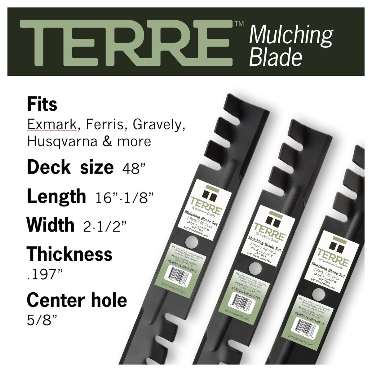 TERRE 48-inch toothed-mulching mower blades 3-pack - compatible mower models