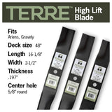 TERRE 48-inch high-lift mower blades 3-pack - compatible mower models