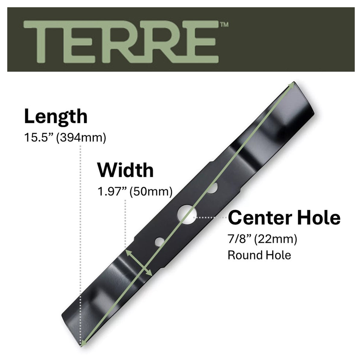 TERRE 16-inch standard mower blade - dimension diagram