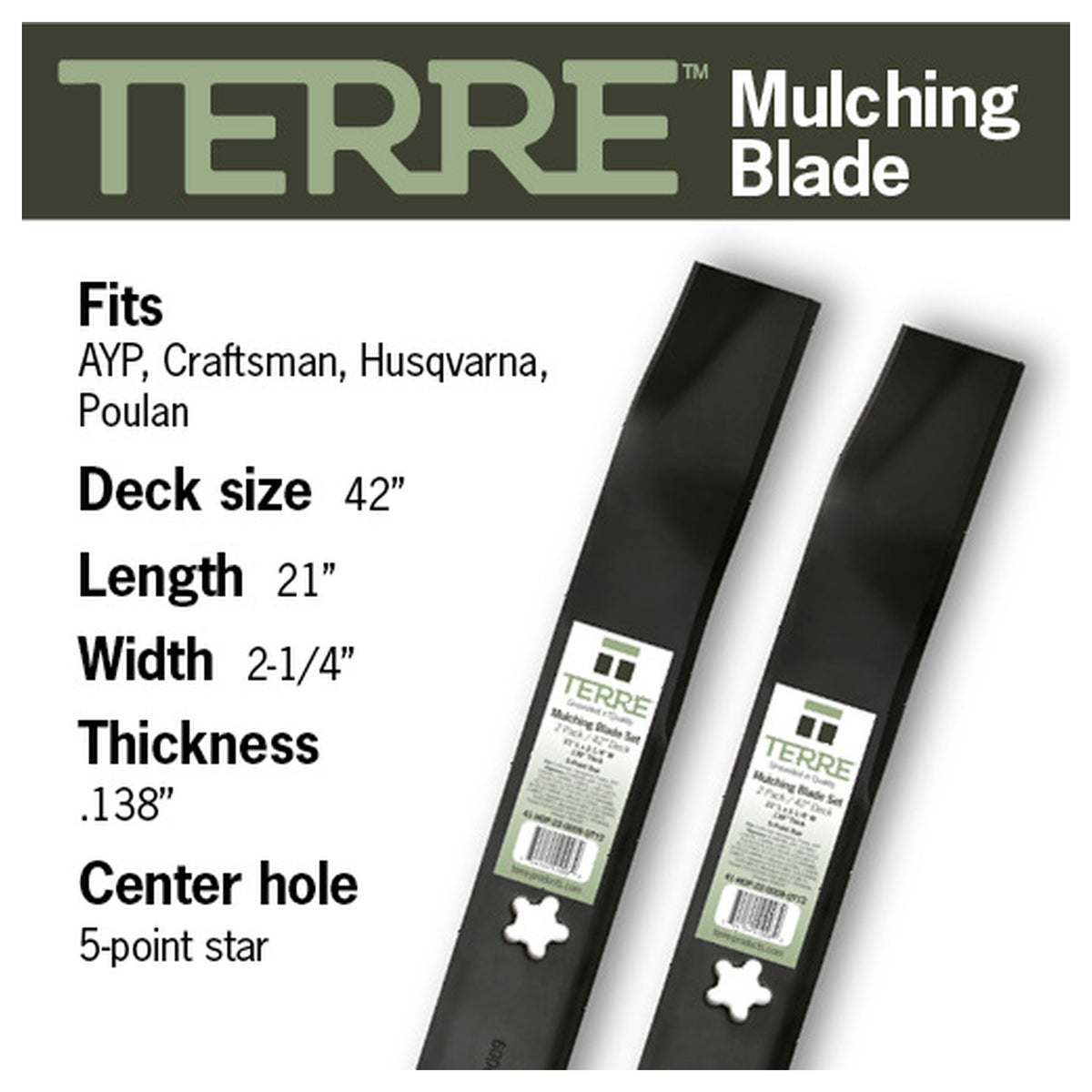 TERRE 42-inch mulching mower blades 2-pack - compatibility and specification summary