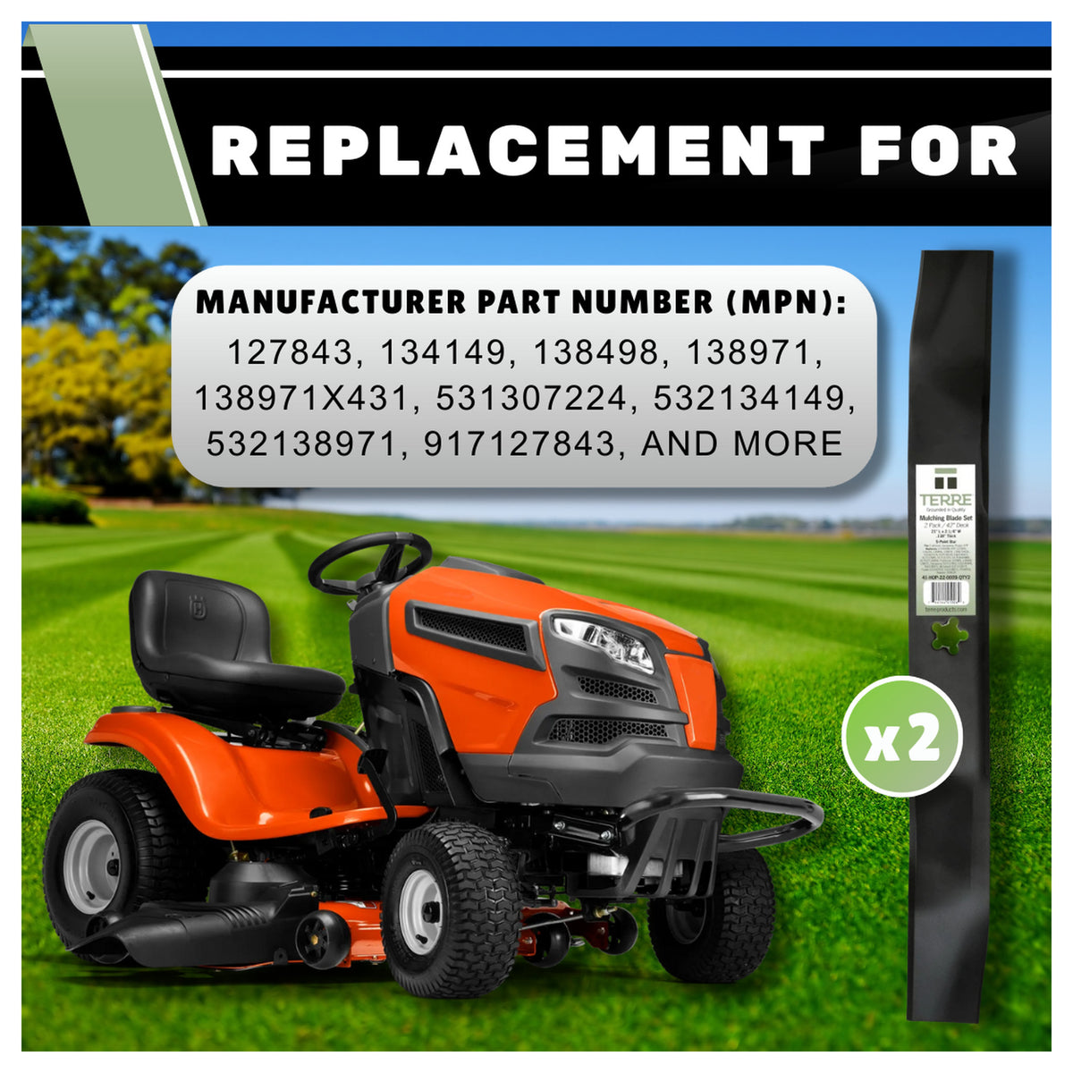 TERRE 42-inch mulching mower blades 2-pack - OEM replacement numbers
