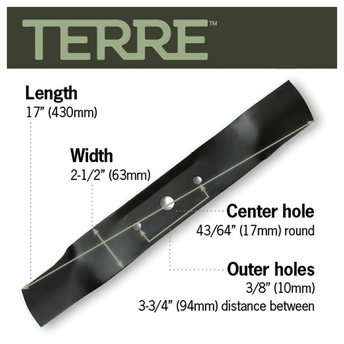 TERRE 48-inch high-lift mower blades 3-pack - dimension diagram