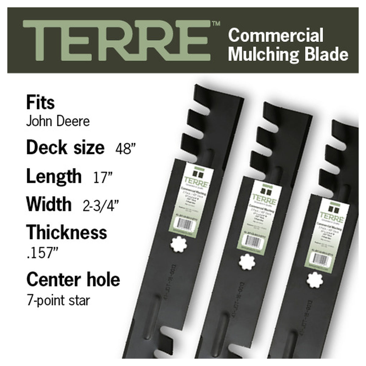 TERRE 48-inch commercial-mulching mower blades 3-pack - compatible mower models