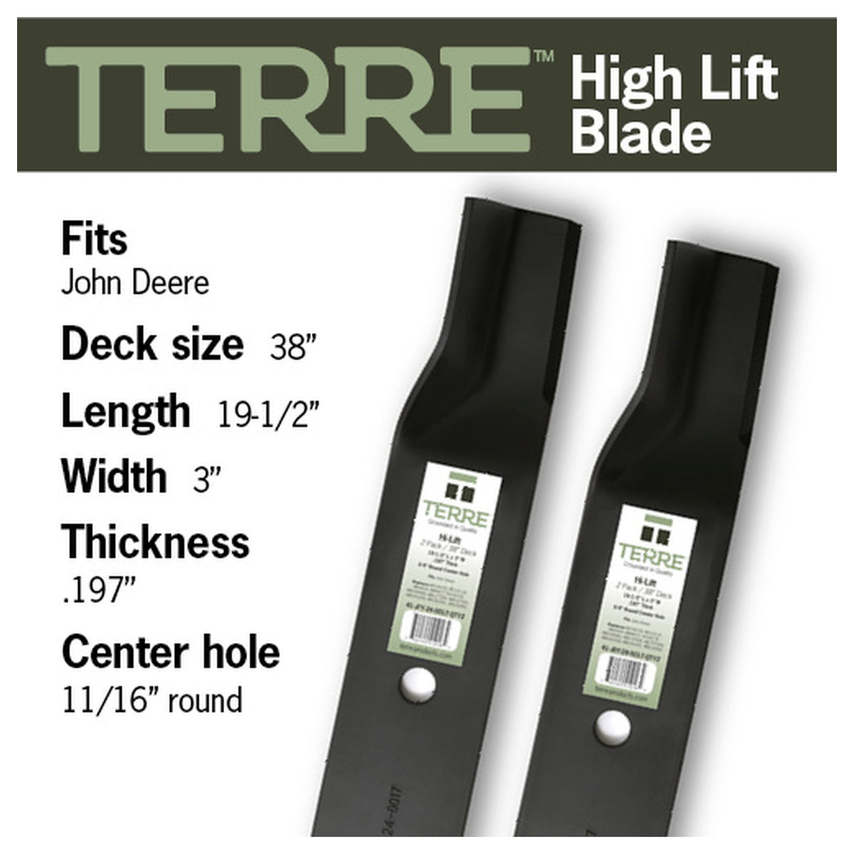 TERRE 38-inch high-lift mower blades 2-pack - compatible mower models