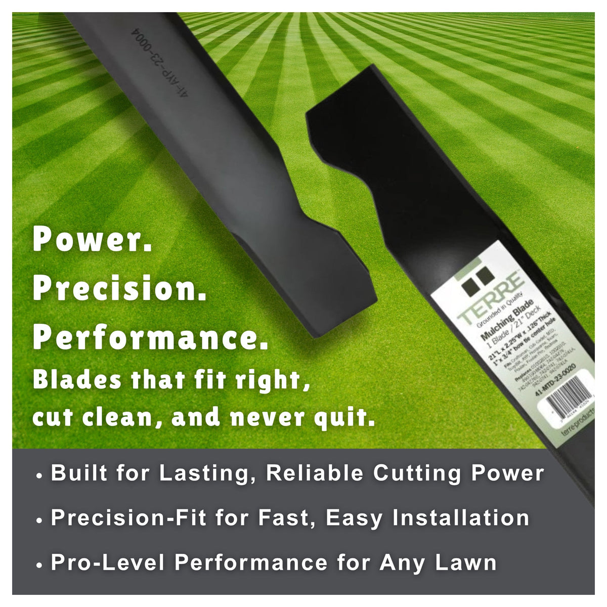 TERRE mulching mower blade delivering clean, even lawn cutting performance