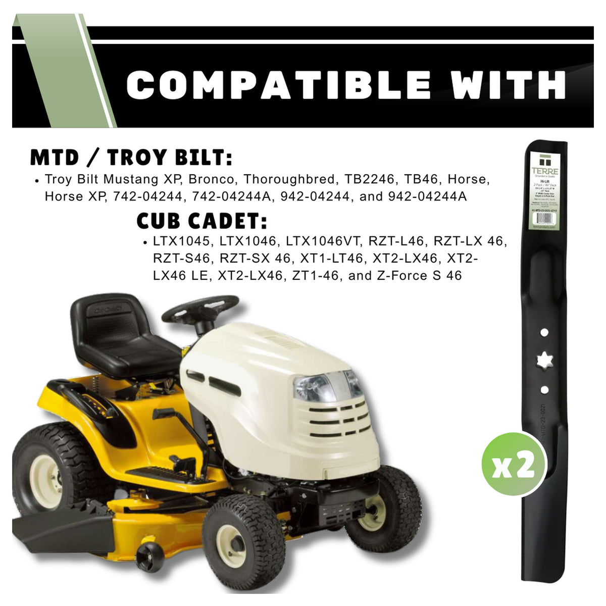 TERRE 46-inch high-lift mower blades 2-pack - compatible mower models