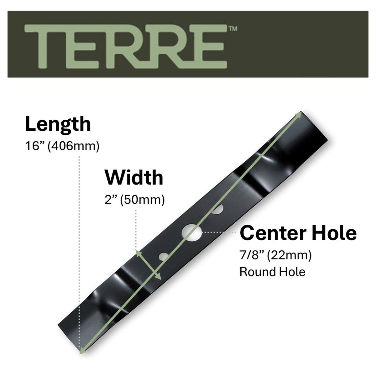 TERRE 16-inch mulching mower blade - dimension diagram