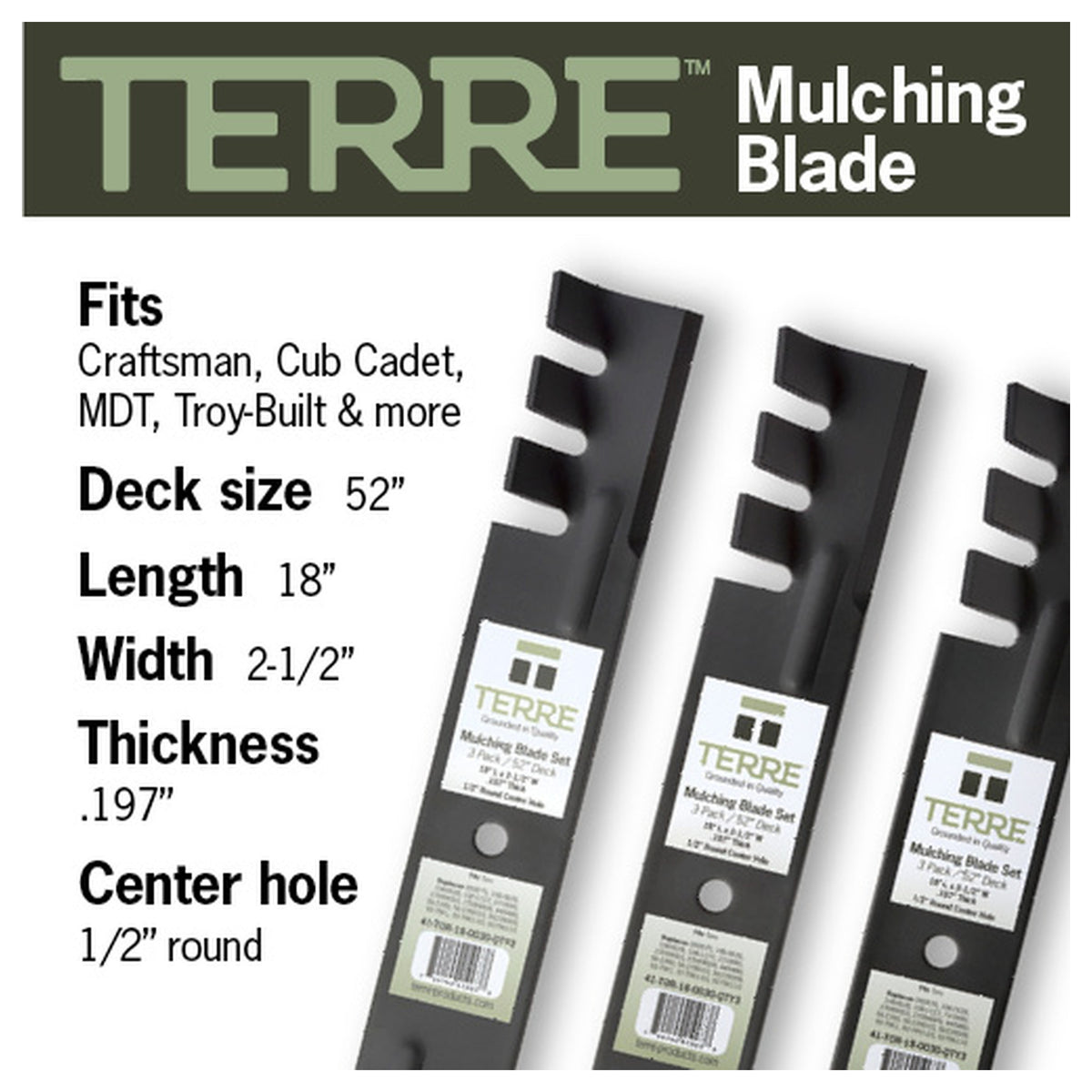 TERRE 52-inch toothed-mulching mower blades 3-pack - compatible mower models