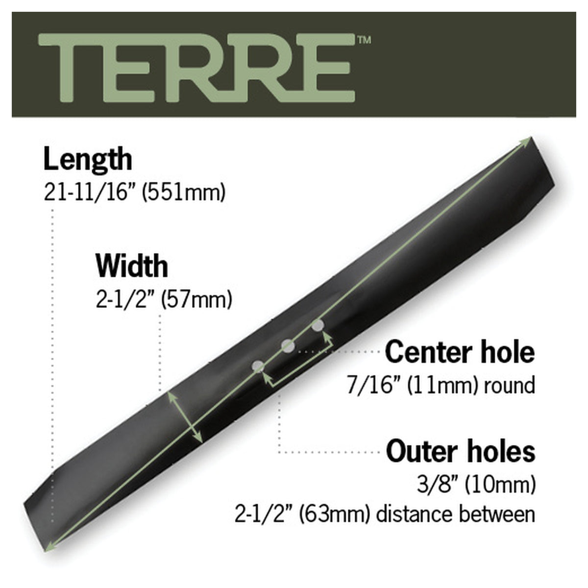 TERRE 22-inch medium-lift mower blade - dimension diagram