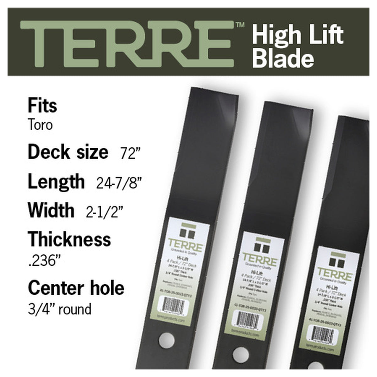 TERRE 72-inch high-lift mower blades 3-pack - compatible mower models